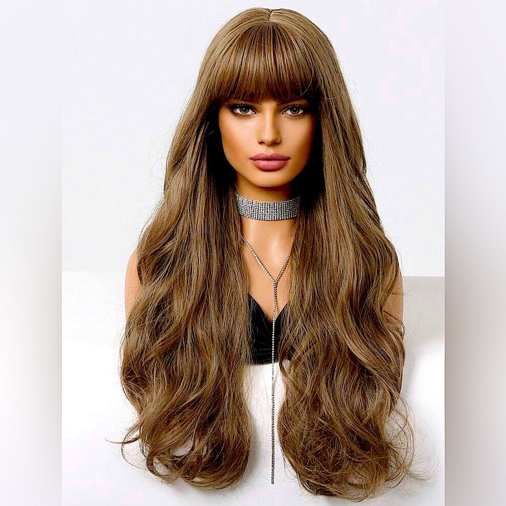 Brown, synthetic, fiber, long bang 28 inch wig